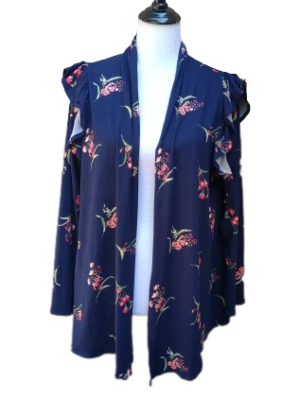 Isaac Liev Dark Blue Floral Print Cardigan Top Open-Front Long Sleeves Ruffle